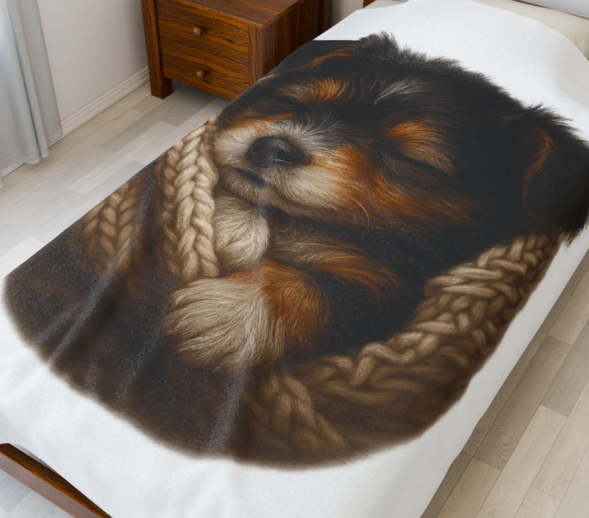 Blanket with Puppy wrapped in a knitted blanket on a white 