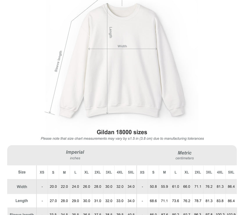 White sweatshirt with measurement chart on a white background