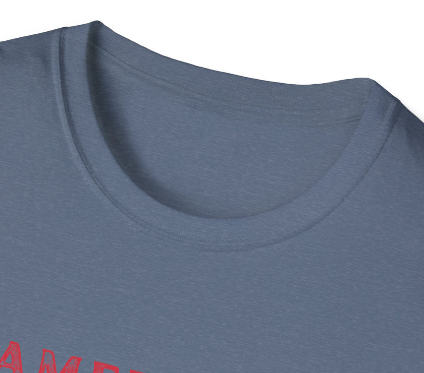  T-shirt (collar view) featuring an American flag graphic with the words 'AMERICAN DREAM' in red and blue text above and below the flag