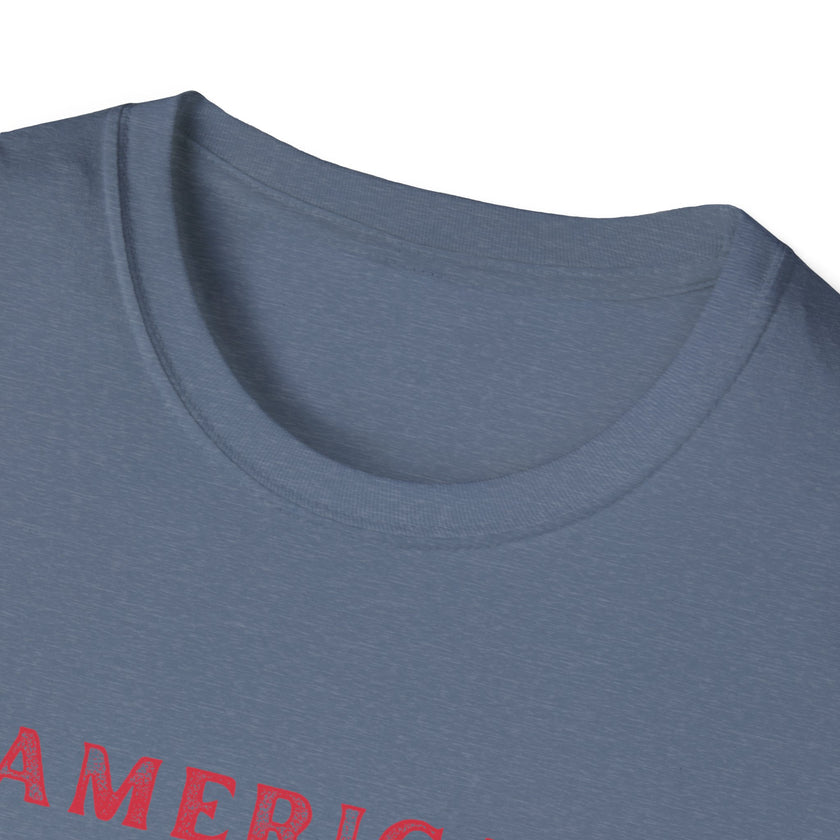  T-shirt (collar view) featuring an American flag graphic with the words 'AMERICAN DREAM' in red and blue text above and below the flag
