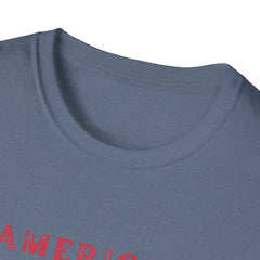  T-shirt (collar view) featuring an American flag graphic with the words 'AMERICAN DREAM' in red and blue text above and below the flag