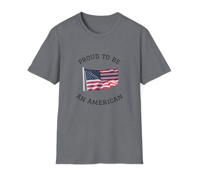 T-shirt with an American flag graphic and the words 'Proud to Be an American' printed around the flag