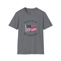 T-shirt with an American flag graphic and the words 'Proud to Be an American' printed around the flag