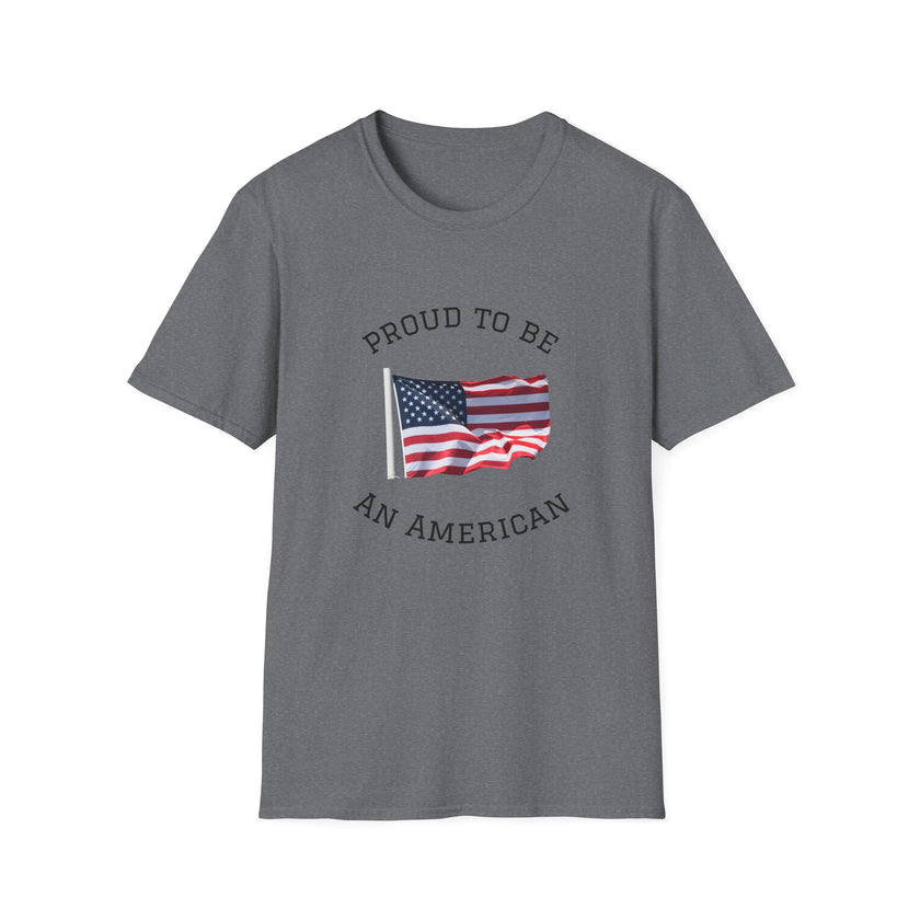 T-shirt with an American flag graphic and the words 'Proud to Be an American' printed around the flag
