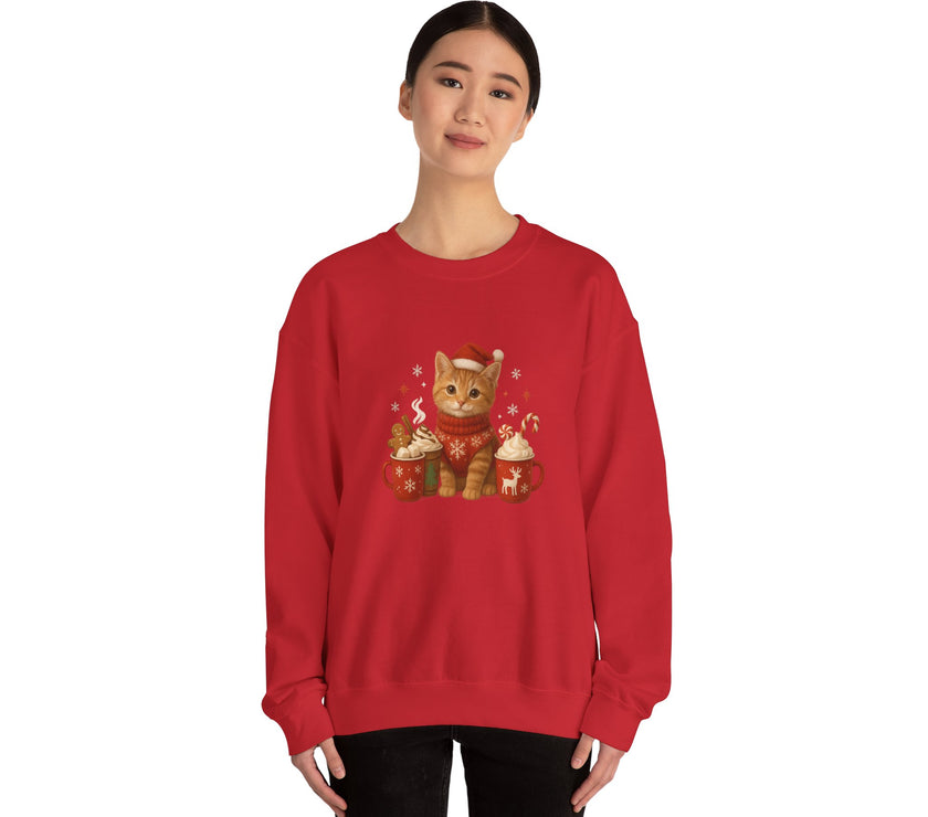 Person wearing a red sweatshirt with a cat design on a white background
