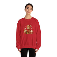 Person wearing a red sweatshirt with a cat design on a white background