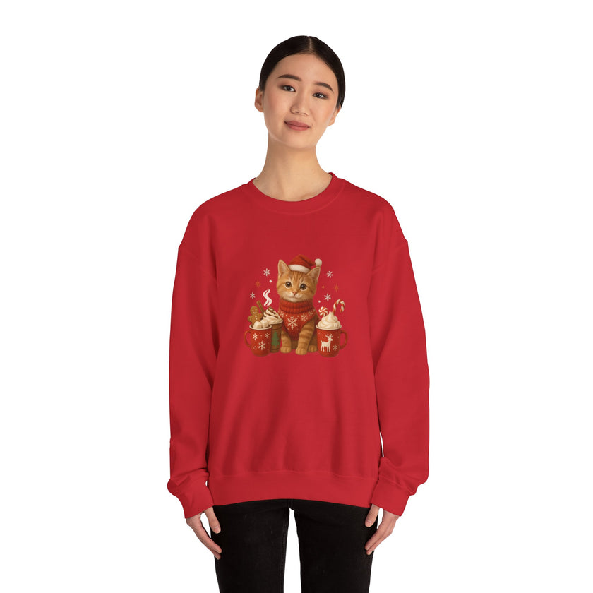 Person wearing a red sweatshirt with a cat design on a white background