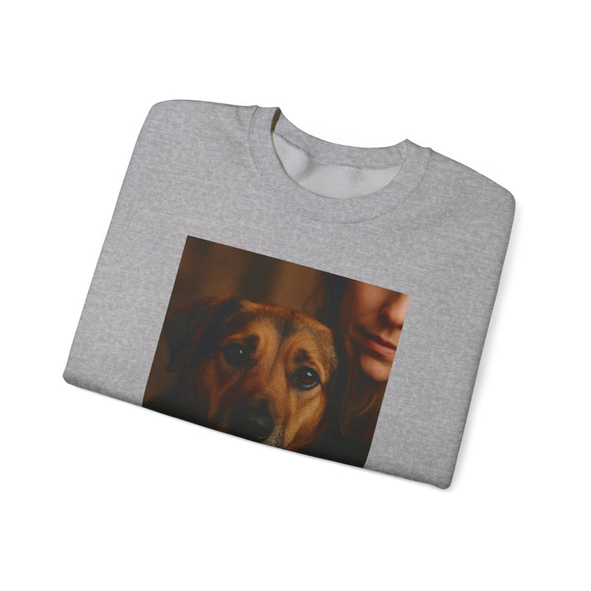 Folded gray sweatshirt with a printed design of a dog and a person on a white background