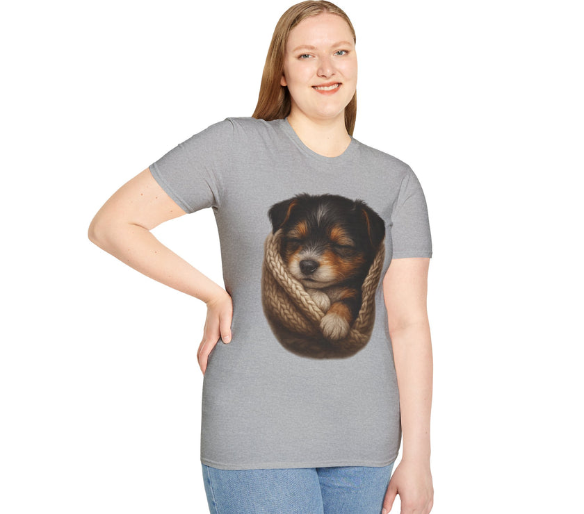 Person wearing a gray t-shirt with a dog graphic on a white background
