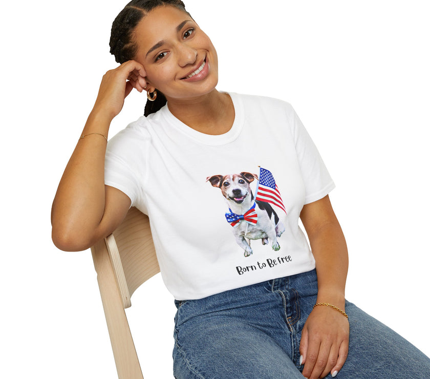 Female wearing T-shirt featuring a cute  puppy wearing an American flag bow tie and holding a small U.S. flag, with the phrase 'Born to Be Free' printed below the image.