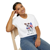 Female wearing T-shirt featuring a cute  puppy wearing an American flag bow tie and holding a small U.S. flag, with the phrase 'Born to Be Free' printed below the image.