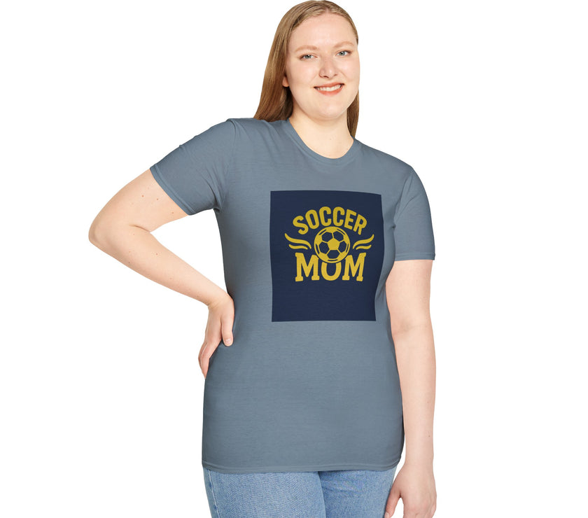 Woman wearing a gray t-shirt with 'Soccer Mum' text and graphic on a white background