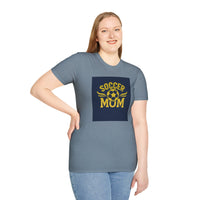 Woman wearing a gray t-shirt with 'Soccer Mum' text and graphic on a white background