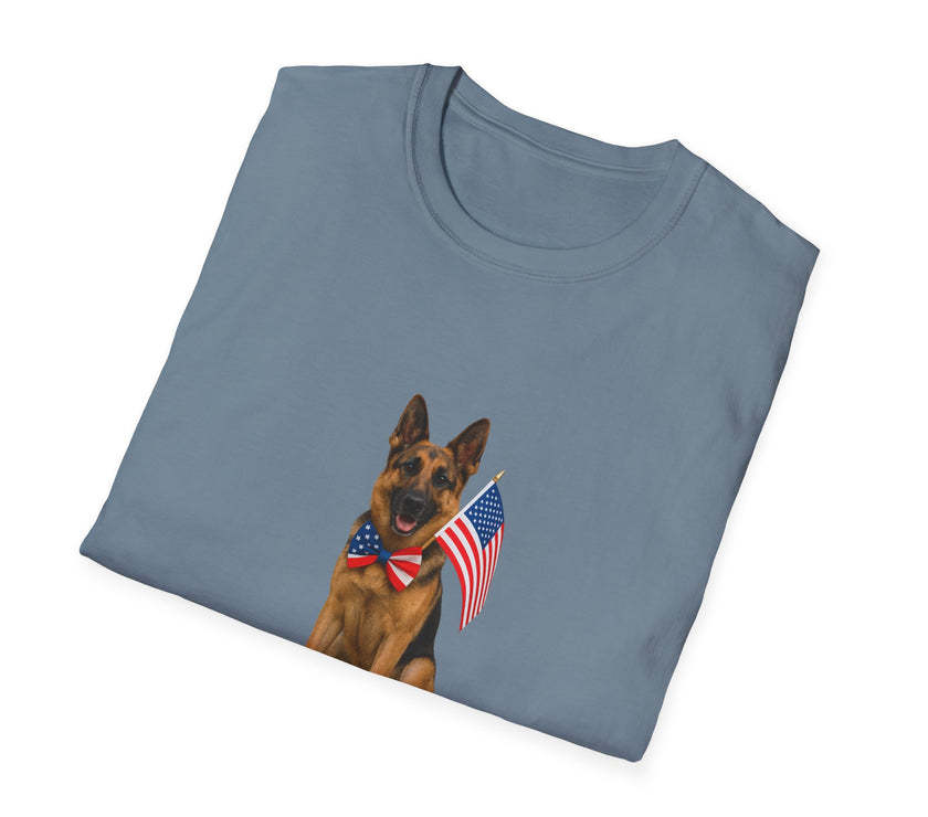 Stone Blue t-shirt featuring a patriotic German Shepherd wearing an American flag bowtie and holding U.S. flags, with the phrase "Born to Be Free" printed below — perfect for dog lovers and patriotic Americans.