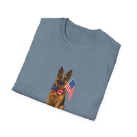 Stone Blue t-shirt featuring a patriotic German Shepherd wearing an American flag bowtie and holding U.S. flags, with the phrase "Born to Be Free" printed below — perfect for dog lovers and patriotic Americans.