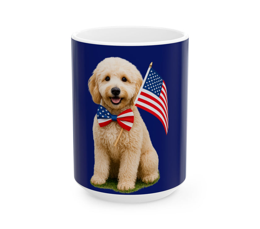 A ceramic mug featuring aGoldendoodle sitting on grass, wearing a red, white, and blue bow tie, and holding an American flag against a dark blue background. with the message "Born to be Free"