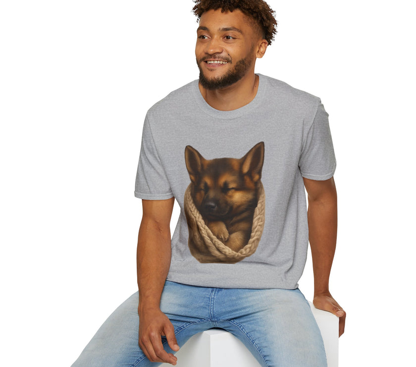 Man wearing a gray t-shirt with a dog graphic on a white background