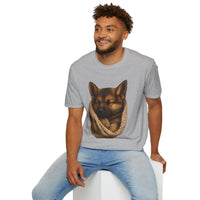 Man wearing a gray t-shirt with a dog graphic on a white background