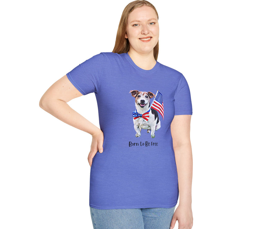 Female wearing T-shirt featuring a cute  puppy wearing an American flag bow tie and holding a small U.S. flag, with the phrase 'Born to Be Free' printed below the image.