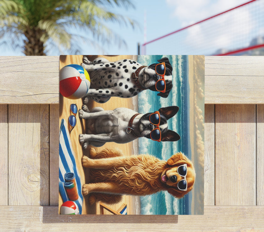 Colorful beach towel featuring four stylish dogs wearing sunglasses, sitting on a sandy beach with beach chairs, beach balls, and ocean waves in the background under a bright sky.