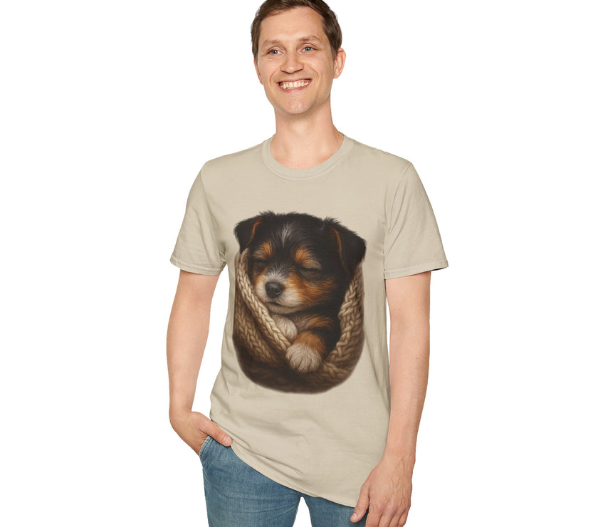 Person wearing a t-shirt with a dog graphic on a white background