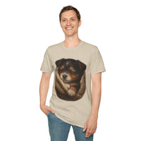 Person wearing a t-shirt with a dog graphic on a white background