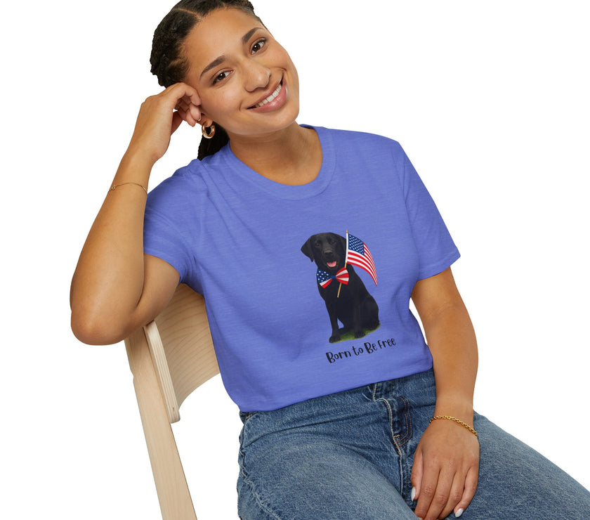 Heather Royal  t-shirt featuring a patriotic Black Lab wearing an American flag bowtie and holding U.S. flags, with the Black Lab phrase "Born to Be Free" printed below — perfect for dog lovers and patriotic Americans.