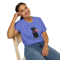 Heather Royal  t-shirt featuring a patriotic Black Lab wearing an American flag bowtie and holding U.S. flags, with the Black Lab phrase "Born to Be Free" printed below — perfect for dog lovers and patriotic Americans.