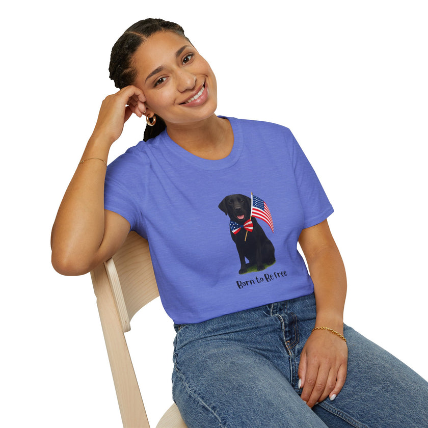 Heather Royal  t-shirt featuring a patriotic Black Lab wearing an American flag bowtie and holding U.S. flags, with the Black Lab phrase "Born to Be Free" printed below — perfect for dog lovers and patriotic Americans.