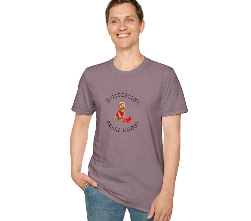 Man wearing a purple t-shirt with a graphic and text on a white background