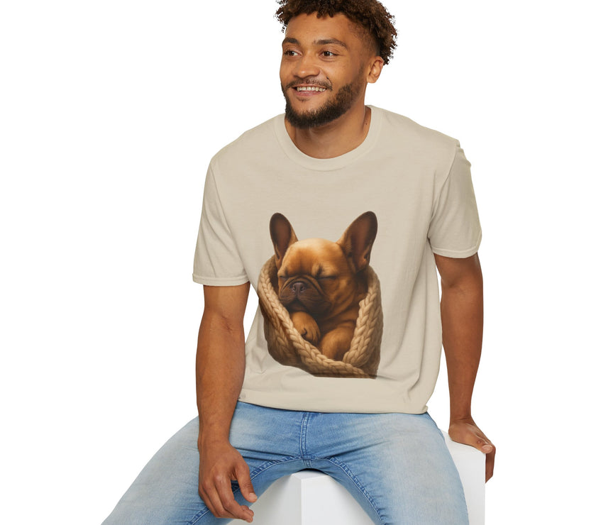Man wearing a beige t-shirt with a dog graphic on a white background