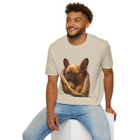 Man wearing a beige t-shirt with a dog graphic on a white background