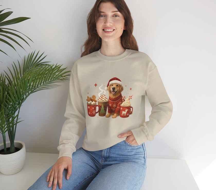 Woman wearing a beige sweater with a dog and hot chocolate design, sitting on a white surface with a plant in the background.