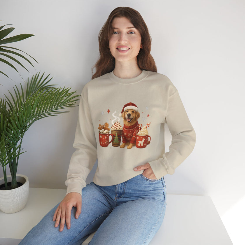 Woman wearing a beige sweater with a dog and hot chocolate design, sitting on a white surface with a plant in the background.