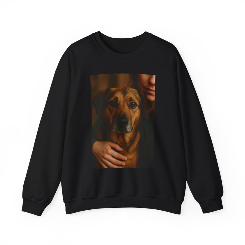 Black sweatshirt with a graphic of a person holding a dog on a white background