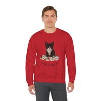 Person wearing a red sweatshirt with a cat graphic and text on a white background