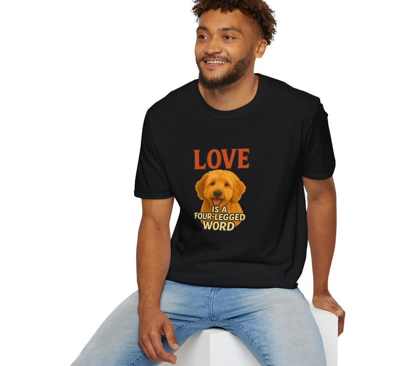 Man wearing a black t-shirt with a dog graphic and text, sitting on a white stool against a white background.
