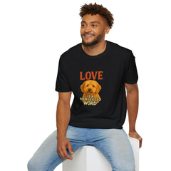 Man wearing a black t-shirt with a dog graphic and text, sitting on a white stool against a white background.