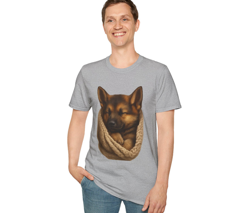 Person wearing a gray t-shirt with a dog graphic on a white background