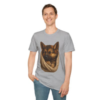 Person wearing a gray t-shirt with a dog graphic on a white background
