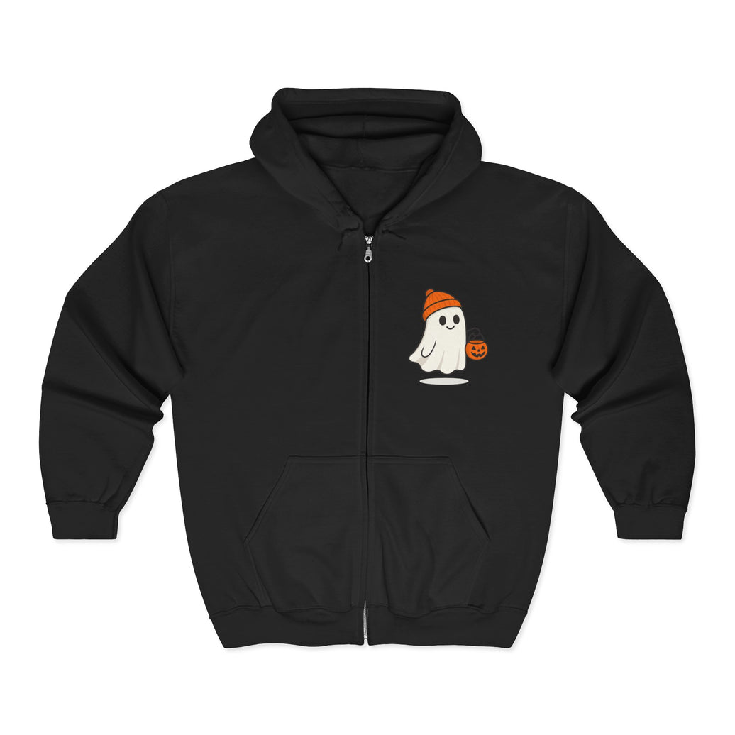 Black hoodie with a ghost and pumpkin design on a white background