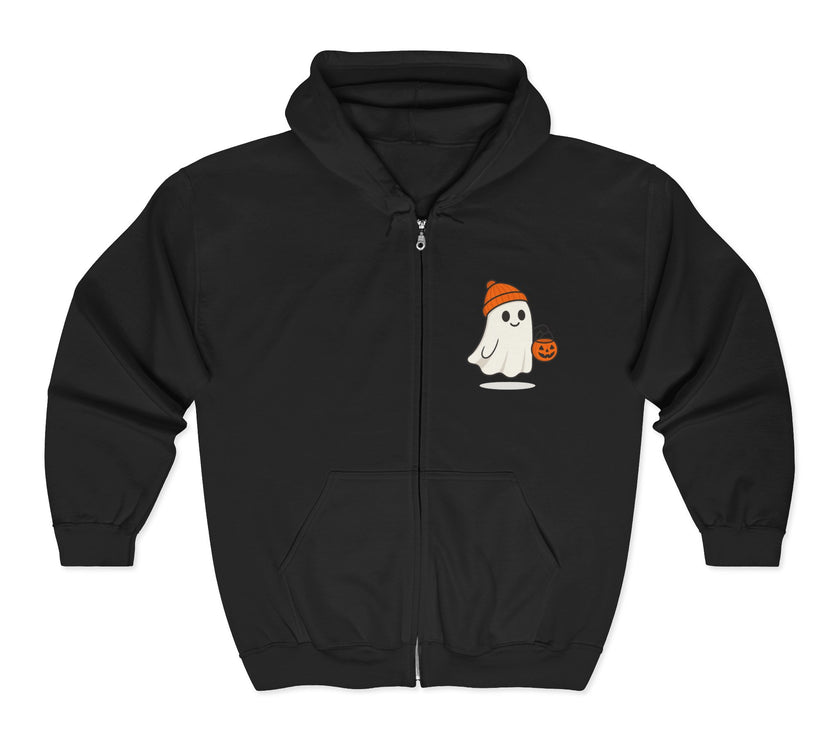 Black hoodie with a ghost and pumpkin design on a white background