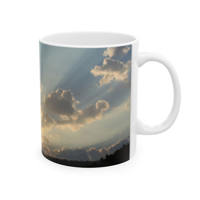 Morning Blessings Mug – Christian Ceramic Coffee Cup witn message  “He is not here; he has Risen – Matthew 28:6” ceramic mug.