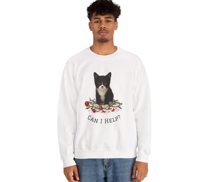 Person wearing a white sweatshirt with a cat graphic and text on a white background