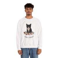 Person wearing a white sweatshirt with a cat graphic and text on a white background