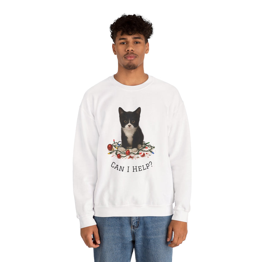 Person wearing a white sweatshirt with a cat graphic and text on a white background