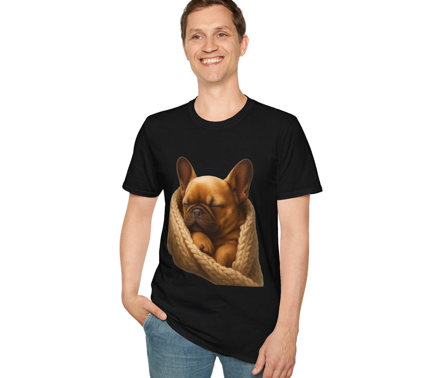 Person wearing a black t-shirt with a dog graphic on a white background