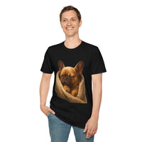 Person wearing a black t-shirt with a dog graphic on a white background