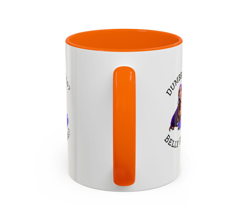 Two tone ceramic mug featuring a dachshund next to dumbbells and the humorous text 'Dumbbells? Belly Rubs?', designed for dog lovers and fitness enthusiasts.