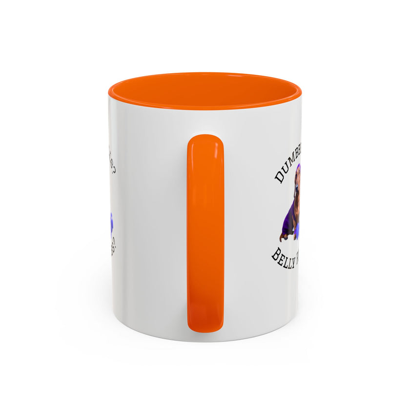 Two tone ceramic mug featuring a dachshund next to dumbbells and the humorous text 'Dumbbells? Belly Rubs?', designed for dog lovers and fitness enthusiasts.
